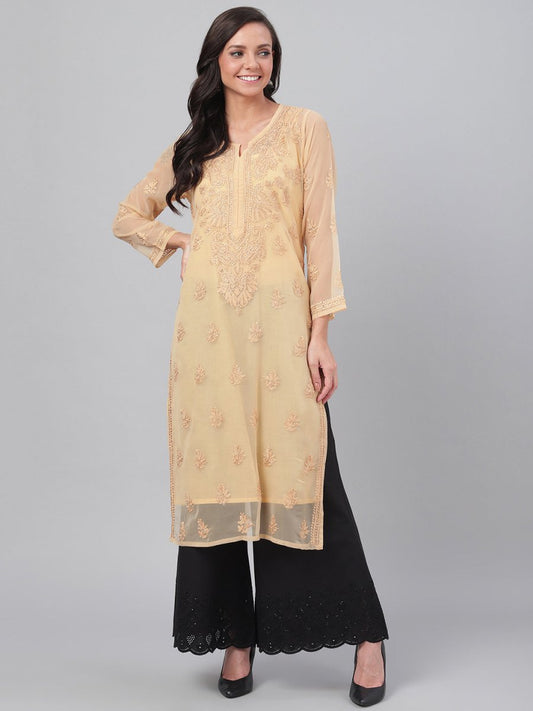 ADA Women Beige Chikankari Hand Embroidered Straight Sustainable Handloom Kurta With Slip | Swadesiicart