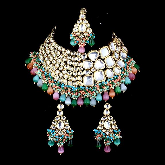 Tehzeeb Creations Meenakari Gold-Polished Multi color Uncut dibbi Kundan Combo Necklace Set - Swadesiicart