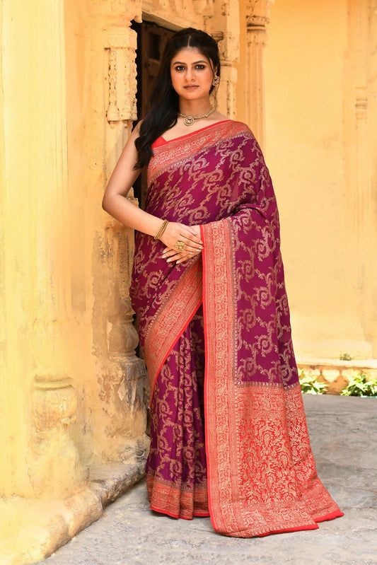 Joban Fashion Hot Pink Crepe Chiffon Pure Handloom Banarasi Silk Saree | Swadesiicart