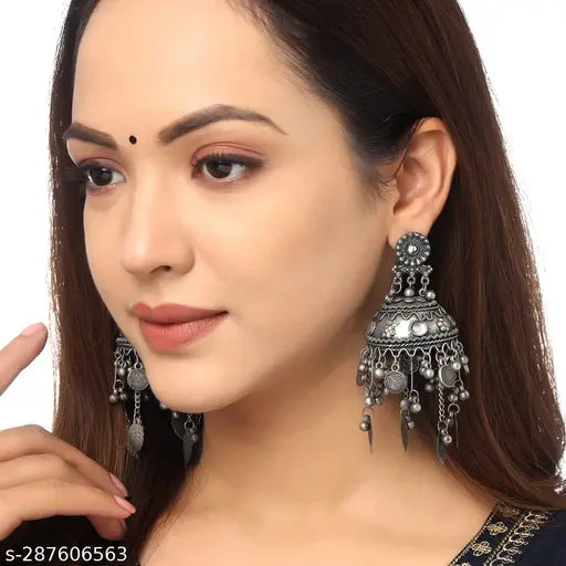 Tehzeeb Creations Women's Black Colour Oxidised Earrings In Jhumki Style | Swadesiicart