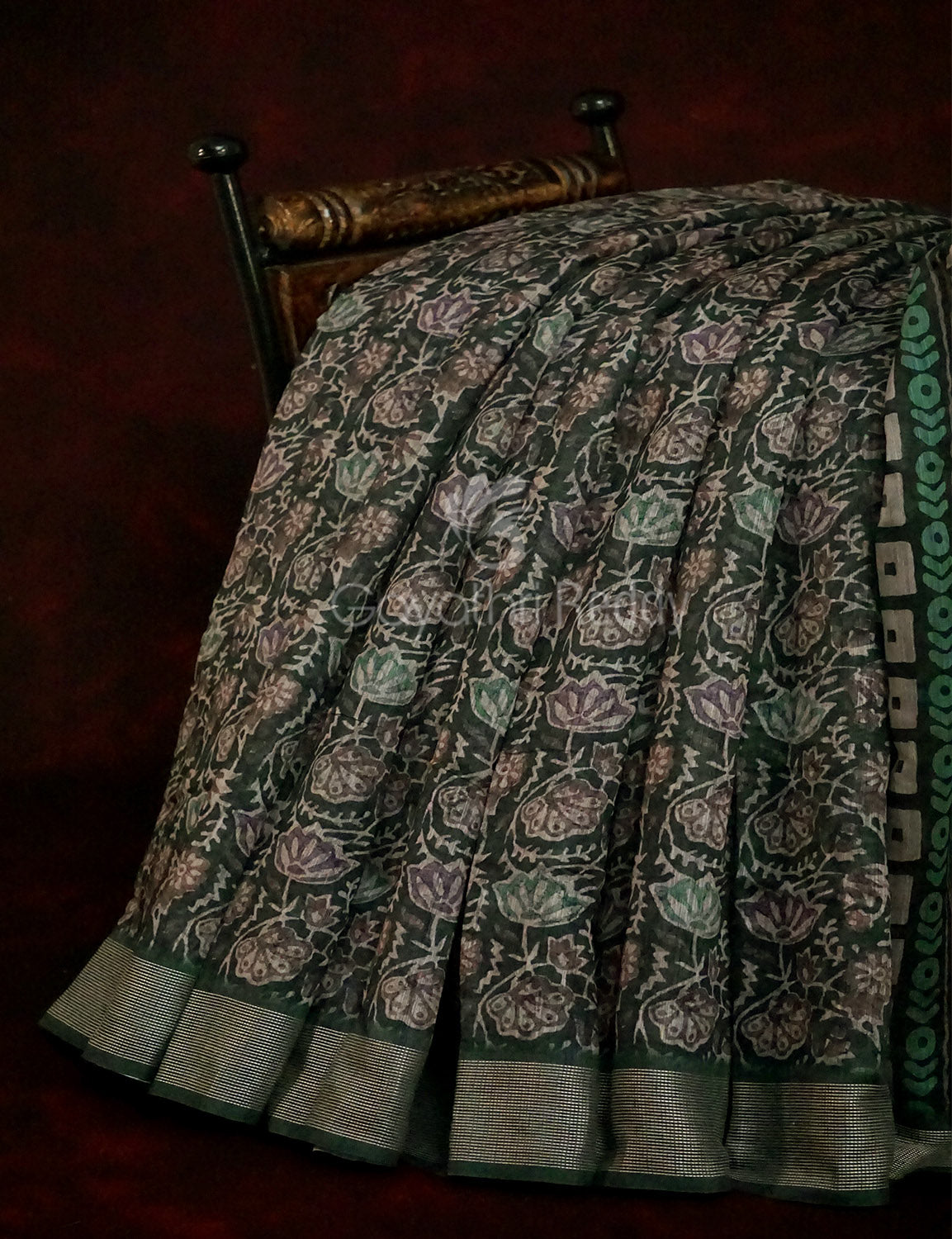 Dark Bottle Green Colour Mosaic Design Semi Chanderi Saree By Gayathri Reddy Designer Studio | Swadesiicart