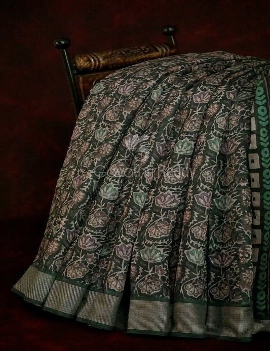 Dark Bottle Green Colour Mosaic Design Semi Chanderi Saree By Gayathri Reddy Designer Studio | Swadesiicart