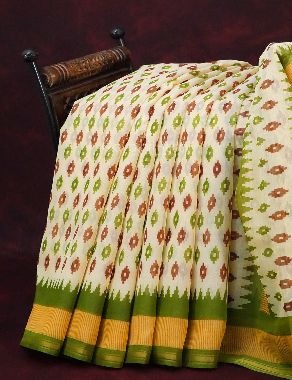 Combo of White and Green Patan Patola Semi Chanderi Saree By Gayathri Reddy Designer Studio | Swadesiicart