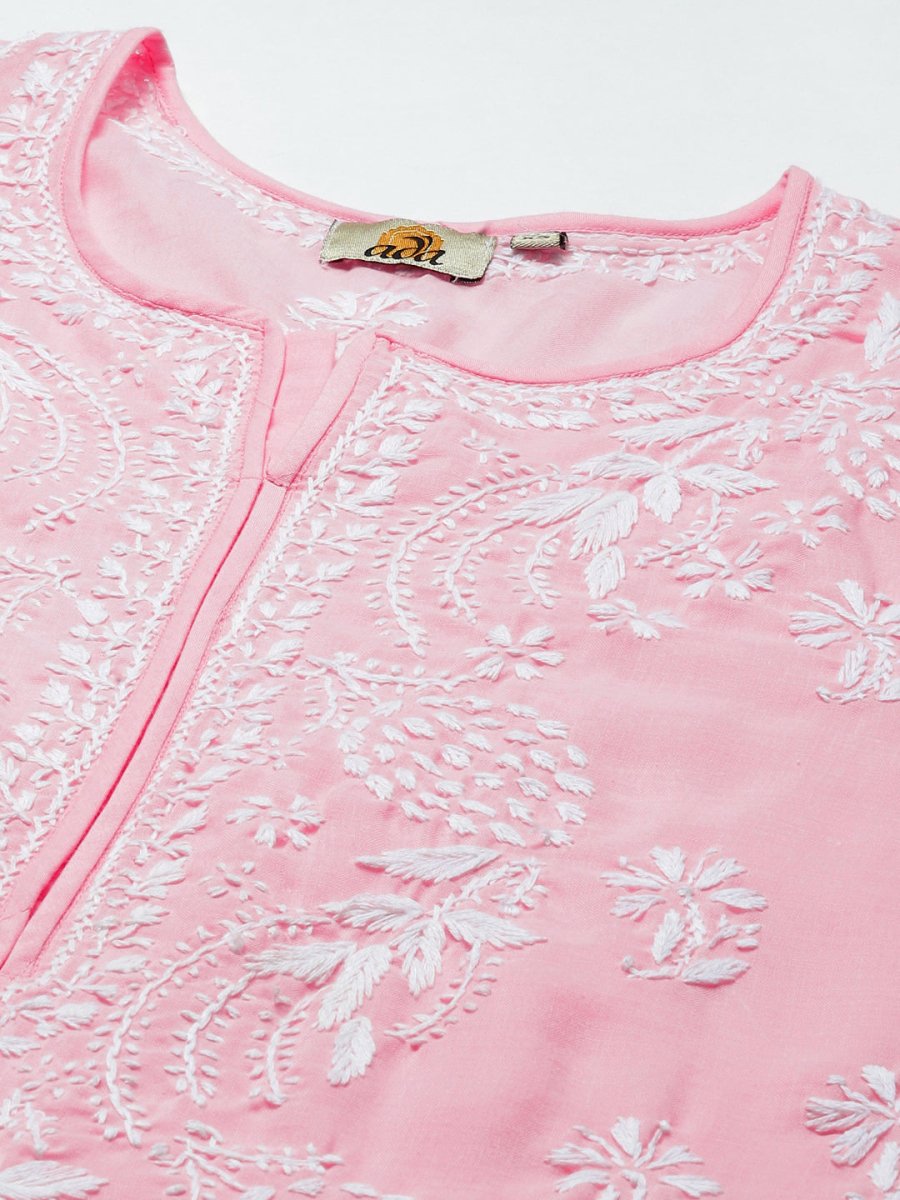 ADA Women Pink & White Ethnic Motifs Embroidered Chikankari Cotton Kurta | Swadesiicart
