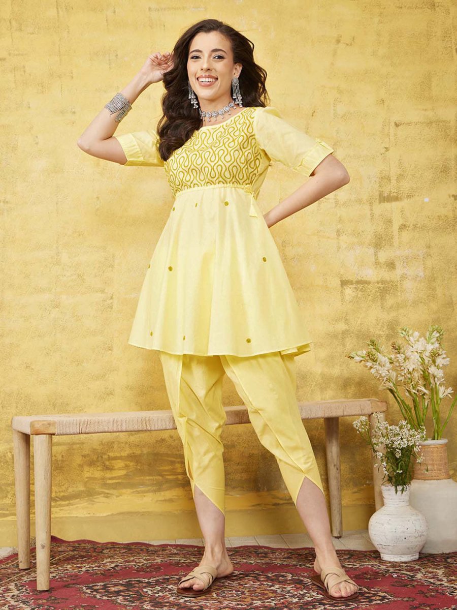 ADA Women Yellow & Green Chikankari Embroidered Empire Sustainable Handloom Kurta with Dhoti Pants | Swadesiicart
