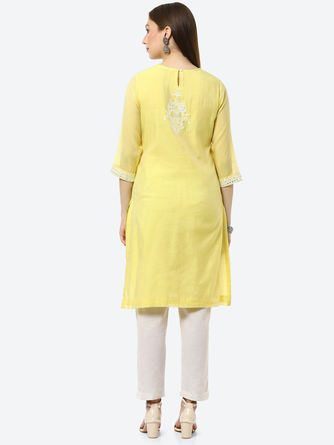 Biba Women Yellow Ethnic Motifs Embroidered Chikankari Kurta | Swadesiicart