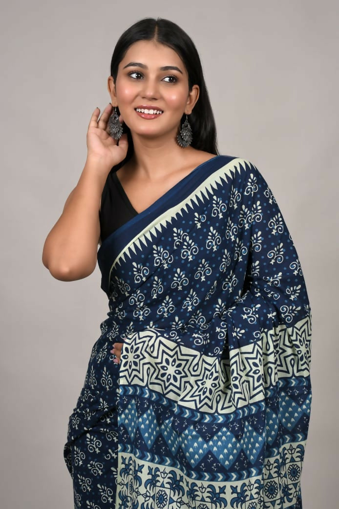 Exclusive Collection Blue Multi Beautiful Mulmul Cotton Saree - Swadesiicart