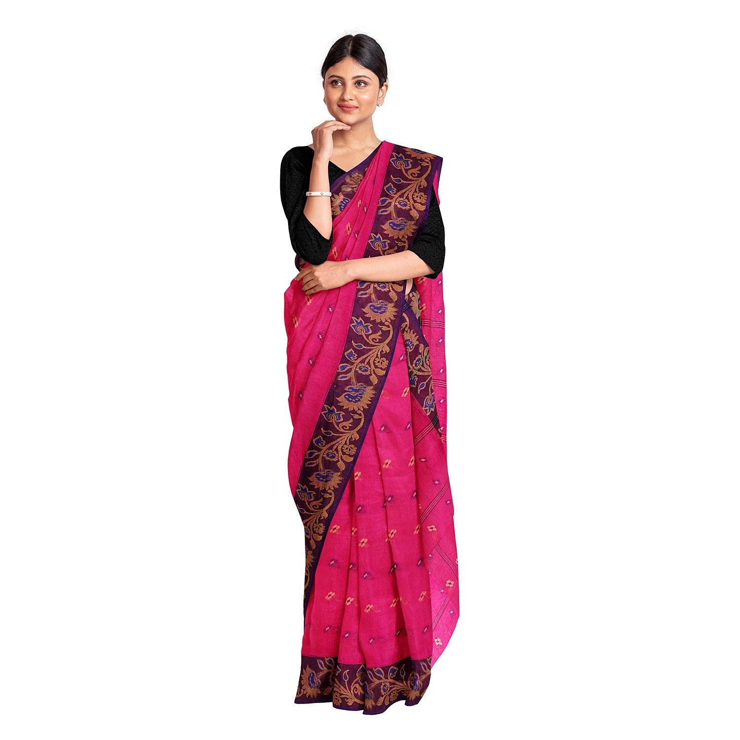 Exclusive Collection 100% Pure Cotton Pink Tant Saree With Hand Weaving Work - Swadesiicart