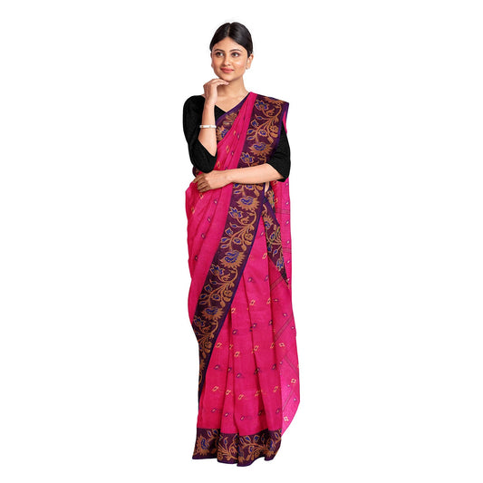 Exclusive Collection 100% Pure Cotton Pink Tant Saree With Hand Weaving Work - Swadesiicart