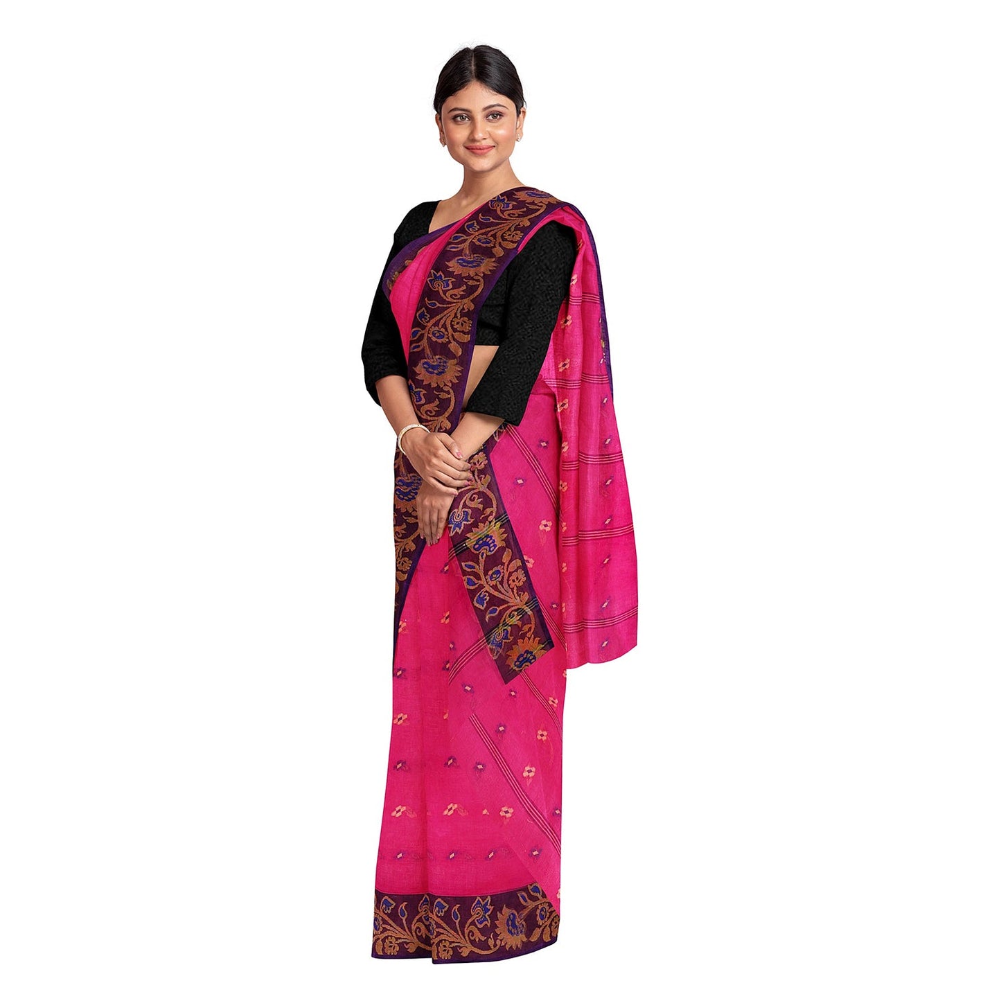 Exclusive Collection 100% Pure Cotton Pink Tant Saree With Hand Weaving Work - Swadesiicart