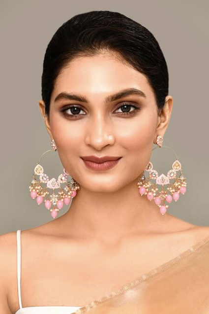 New Stylish Ethnic Partywear Light Pink Hoops Kundan Earrings for Womens by House of Ree | Swadesiicart