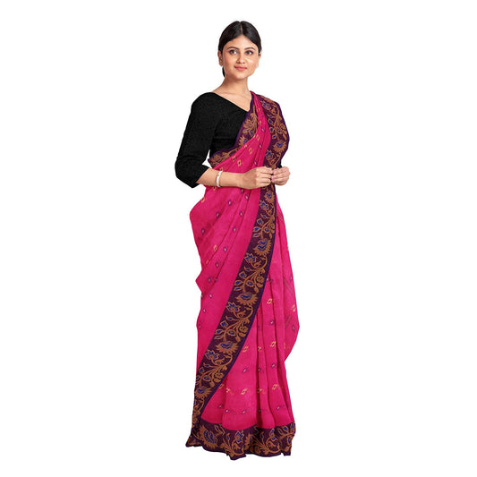 Exclusive Collection 100% Pure Cotton Pink Tant Saree With Hand Weaving Work - Swadesiicart