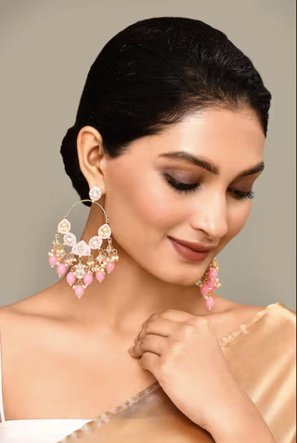 New Stylish Ethnic Partywear Light Pink Hoops Kundan Earrings for Womens by House of Ree | Swadesiicart