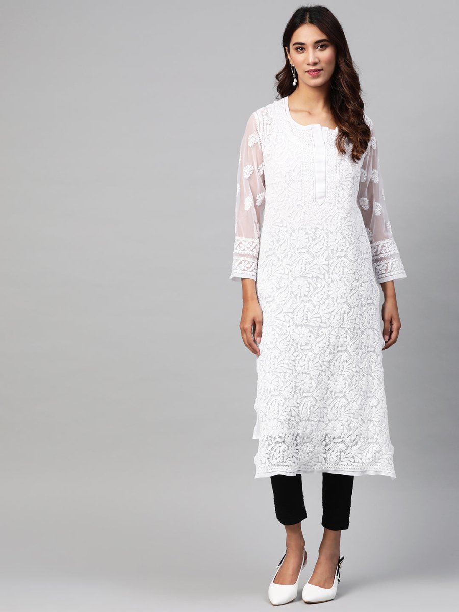 ADA Women White & Black Chikankari Embroidered Sustainable Handloom Kurta with Trousers & Inner | Swadesiicart