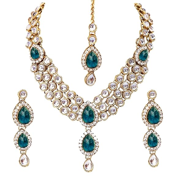 Tehzeeb Creations Traditional Gold-Polished Kundan Necklace Set for Girls & Women - Swadesiicart