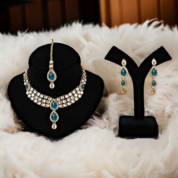 Tehzeeb Creations Traditional Gold-Polished Kundan Necklace Set for Girls & Women - Swadesiicart