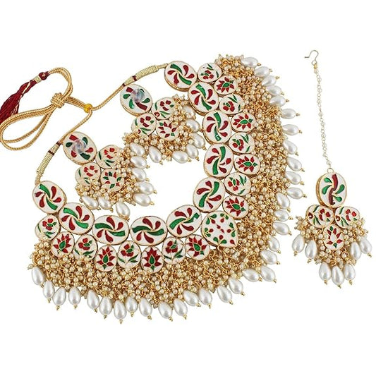 Tehzeeb Creations Back Meenakari Gold-Polished Set with Earring and Mang Tika Combo Uncut Big Faux Kundan Choker Necklace set | Swadesiicart