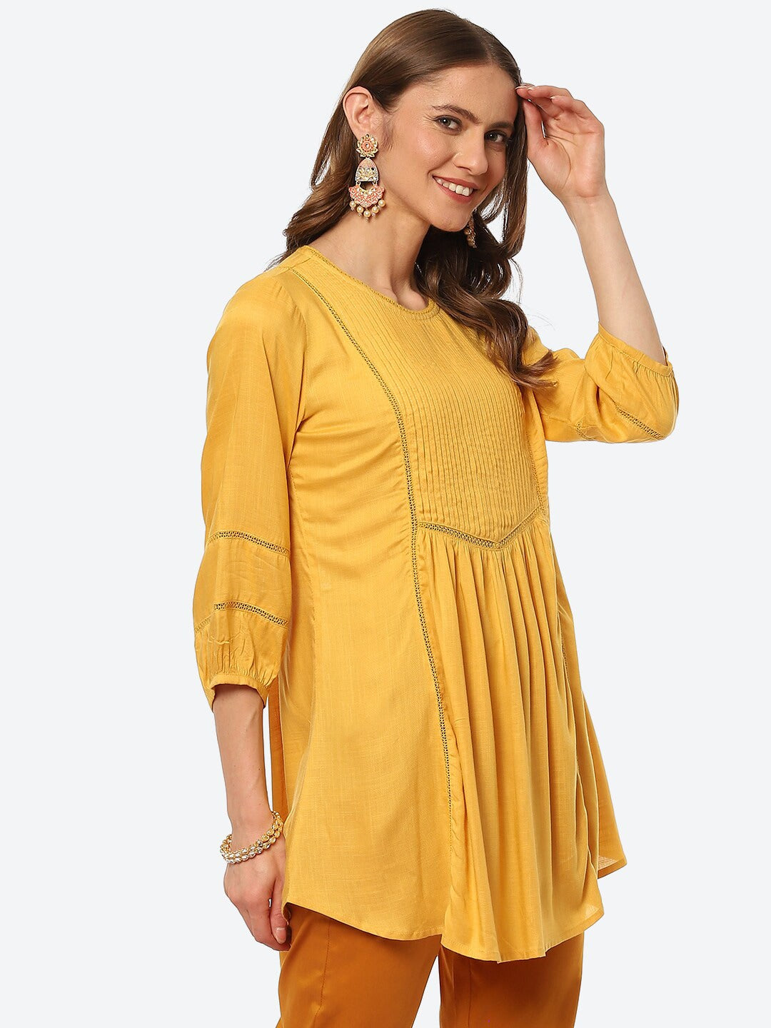 Biba Women Yellow Pleated And Panelled Puff Sleeves Kurti - Swadesiicart