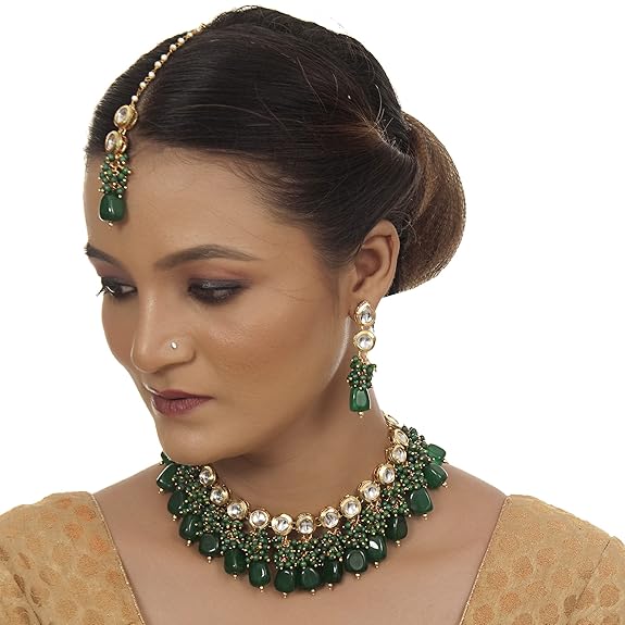 Tehzeeb Creations Back Meenakari Gold-Polished Tika Earring Jewellery Set Uncut Kundan Big Faux Kundan Dibbi Kundan Choker Necklace Set | Swadesiicart
