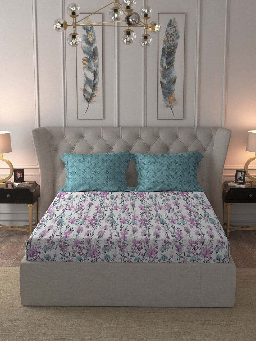 MYTRIDENT Violet White Floral Cotton 144 TC Queen Bedsheet With 2 Pillow Covers - Swadesiicart