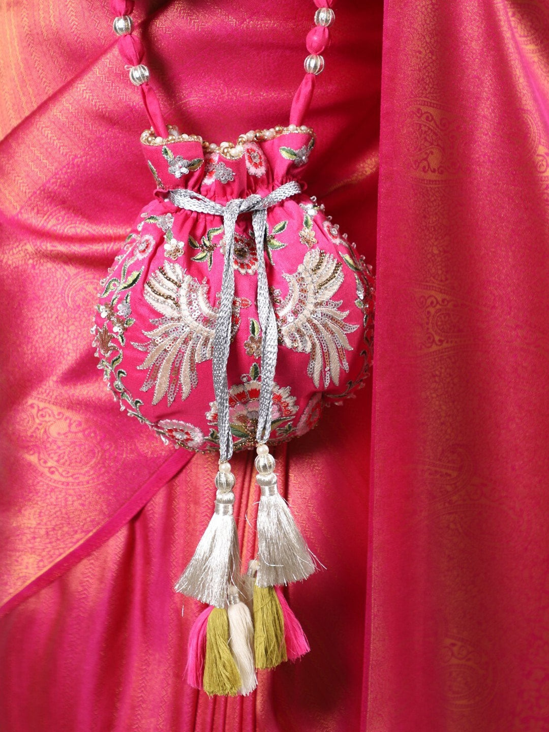 Masq Magenta & White Embroidered Potli Clutch - Swadesiicart