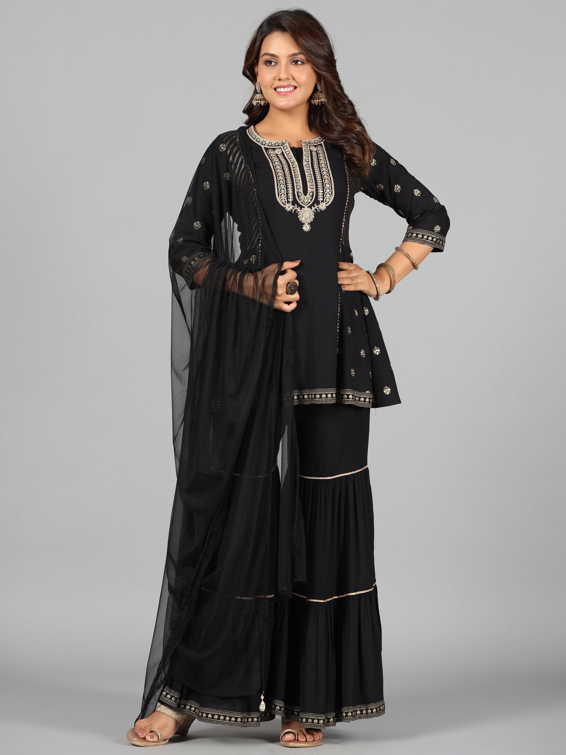 Juniper Women Black Rayon Printed Kurta, Sharara & Dupatta Set | Swadesiicart
