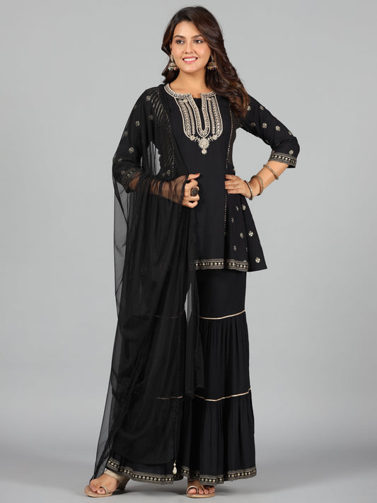 Juniper Women Black Rayon Printed Kurta, Sharara & Dupatta Set | Swadesiicart
