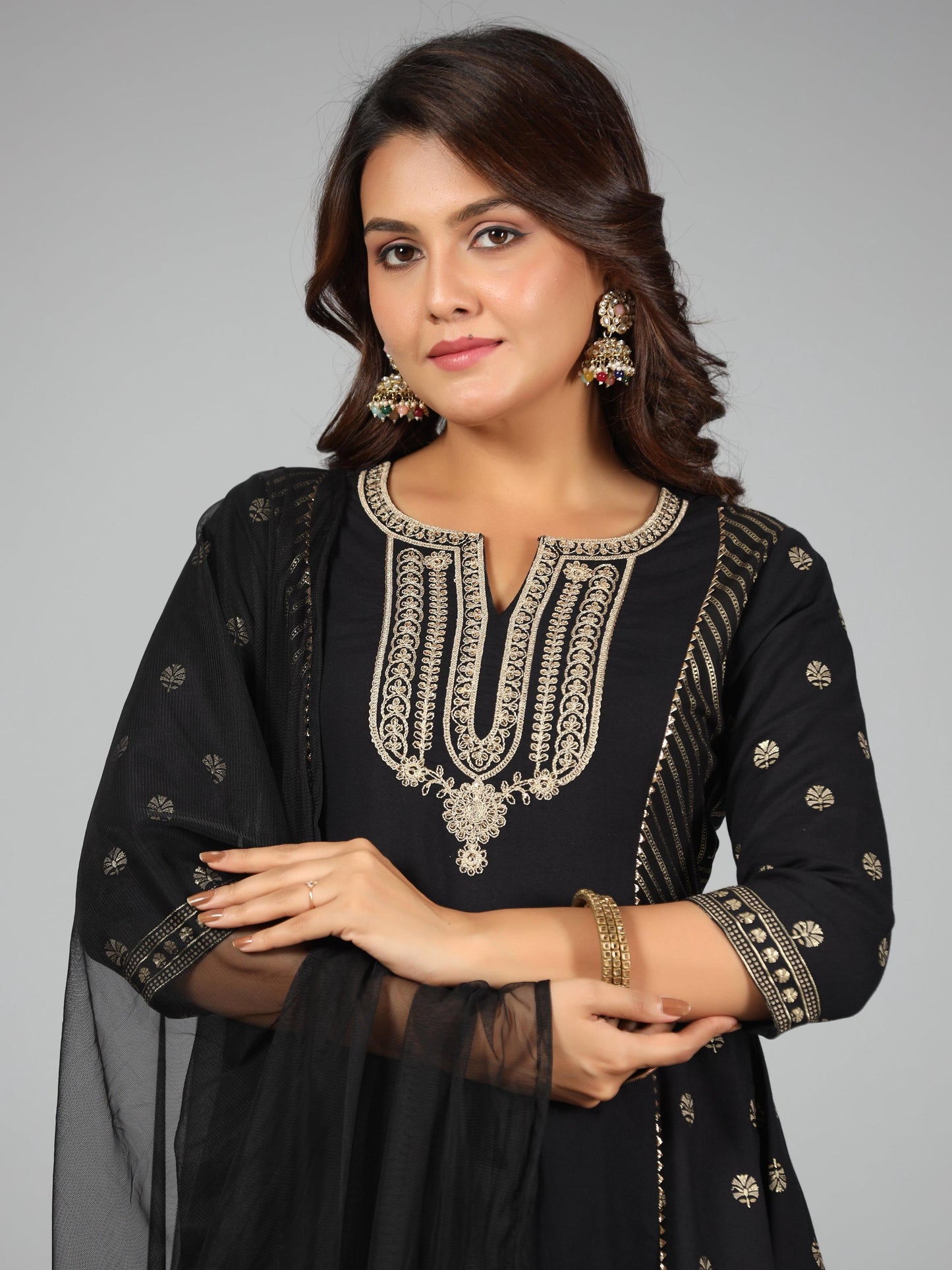 Juniper Women Black Rayon Printed Kurta, Sharara & Dupatta Set | Swadesiicart