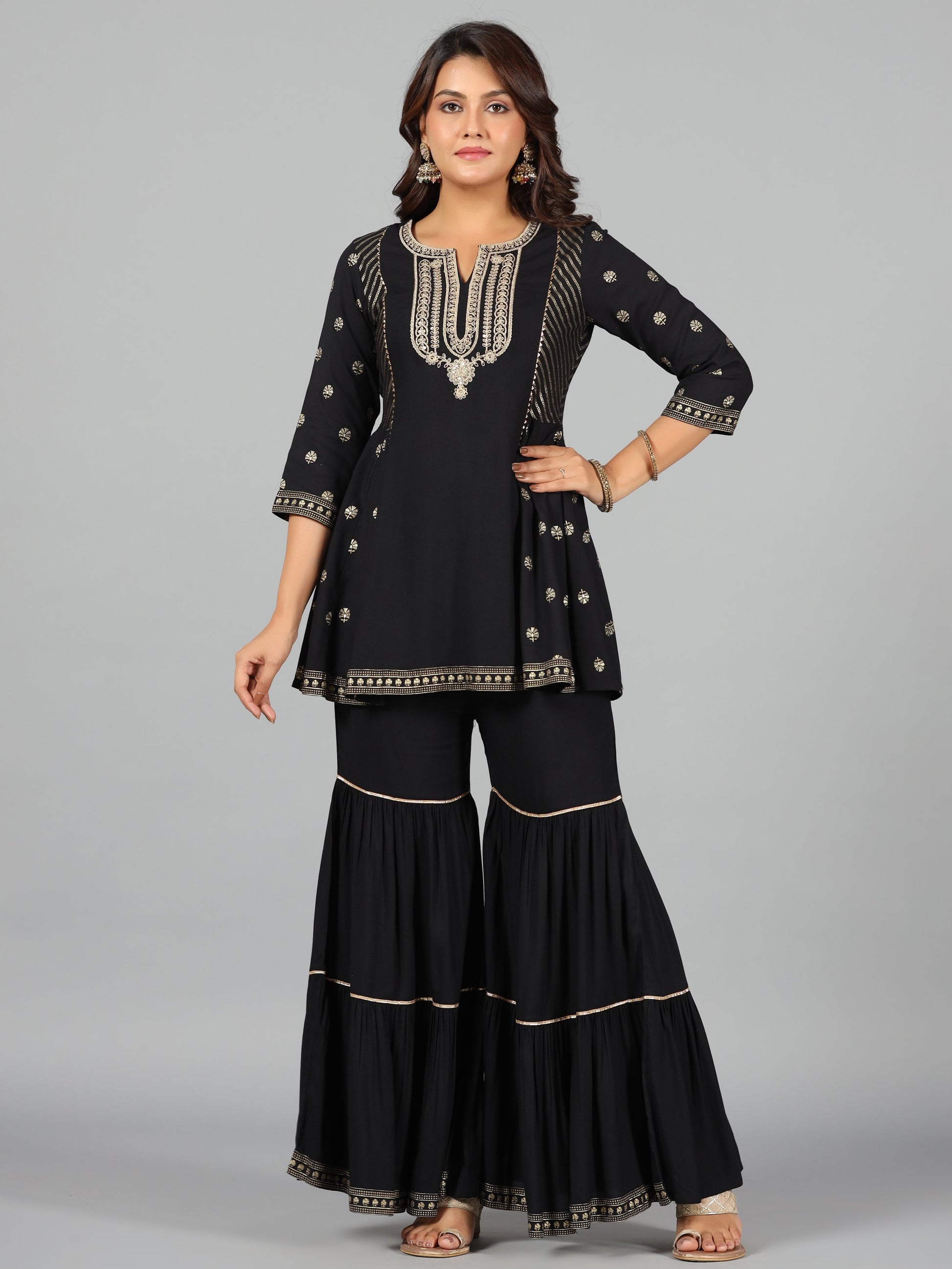 Juniper Women Black Rayon Printed Kurta, Sharara & Dupatta Set | Swadesiicart