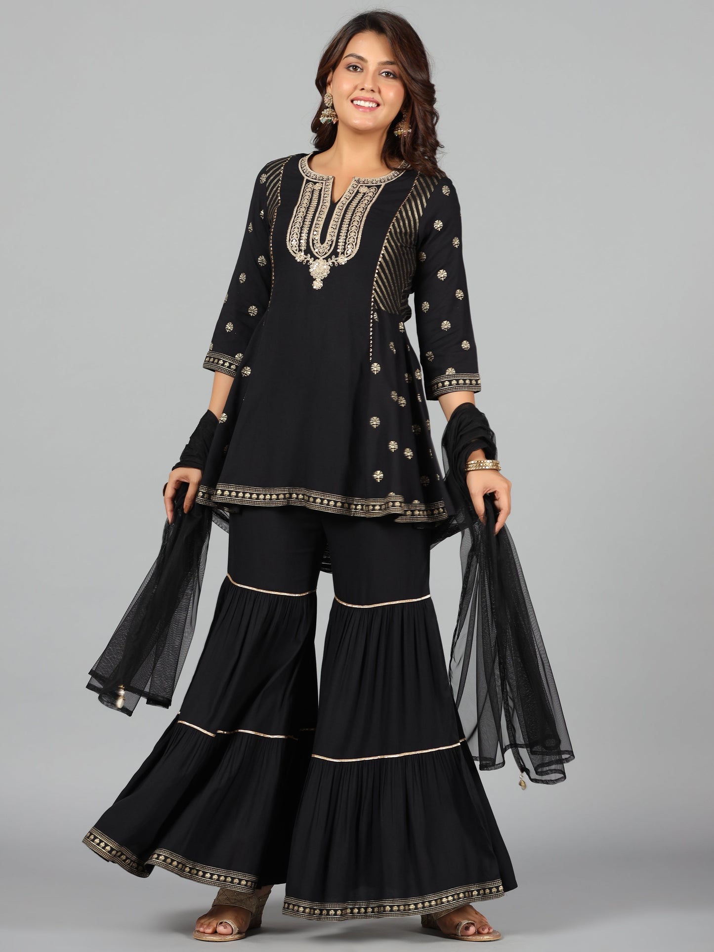 Juniper Women Black Rayon Printed Kurta, Sharara & Dupatta Set | Swadesiicart
