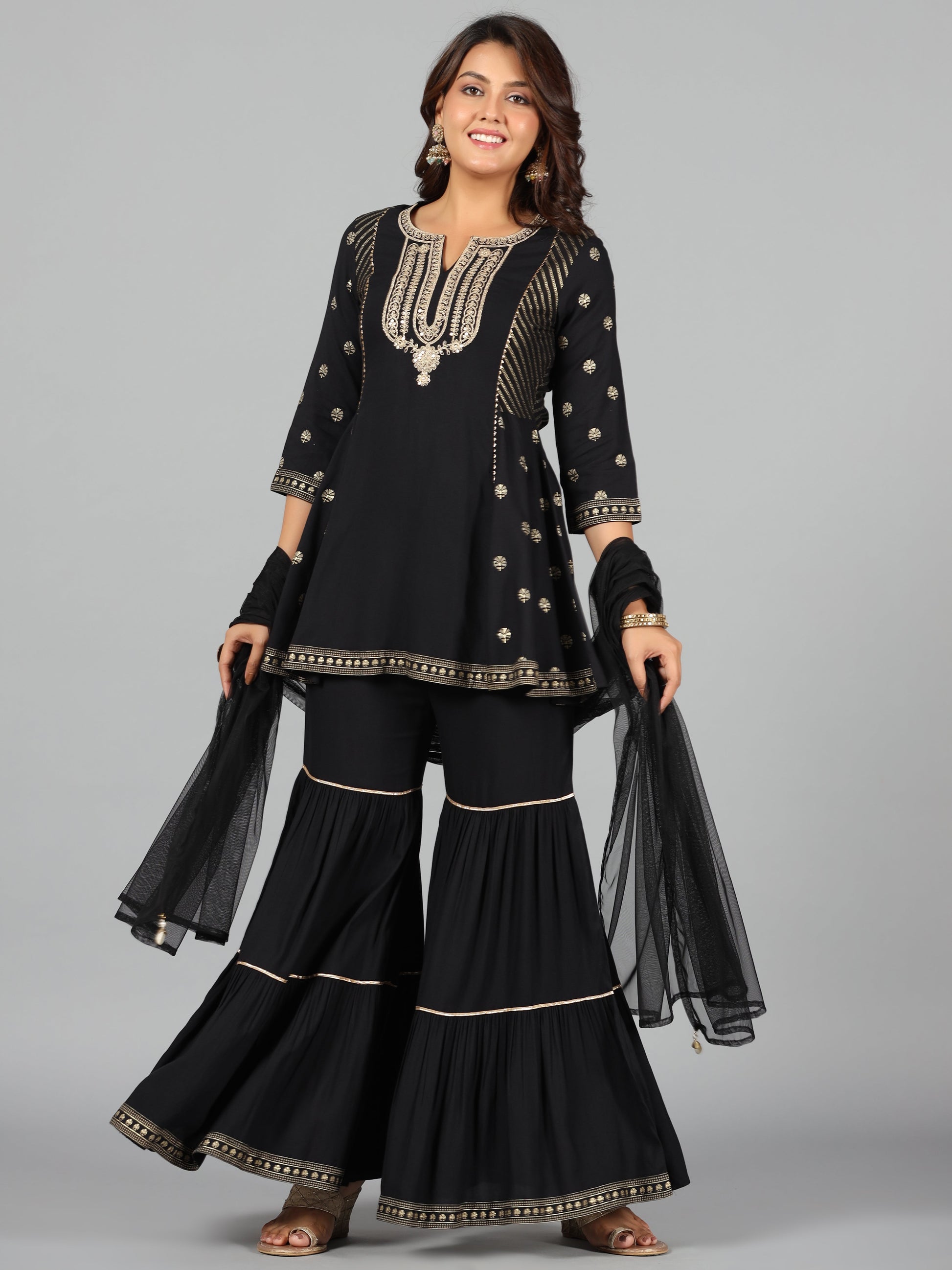 Juniper Women Black Rayon Printed Kurta, Sharara & Dupatta Set | Swadesiicart