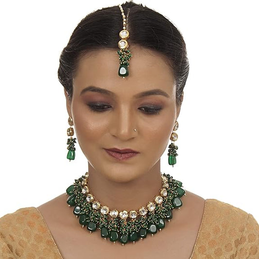 Tehzeeb Creations Back Meenakari Gold-Polished Tika Earring Jewellery Set Uncut Kundan Big Faux Kundan Dibbi Kundan Choker Necklace Set | Swadesiicart