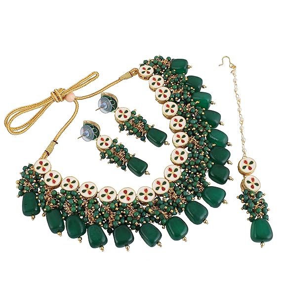 Tehzeeb Creations Back Meenakari Gold-Polished Tika Earring Jewellery Set Uncut Kundan Big Faux Kundan Dibbi Kundan Choker Necklace Set | Swadesiicart