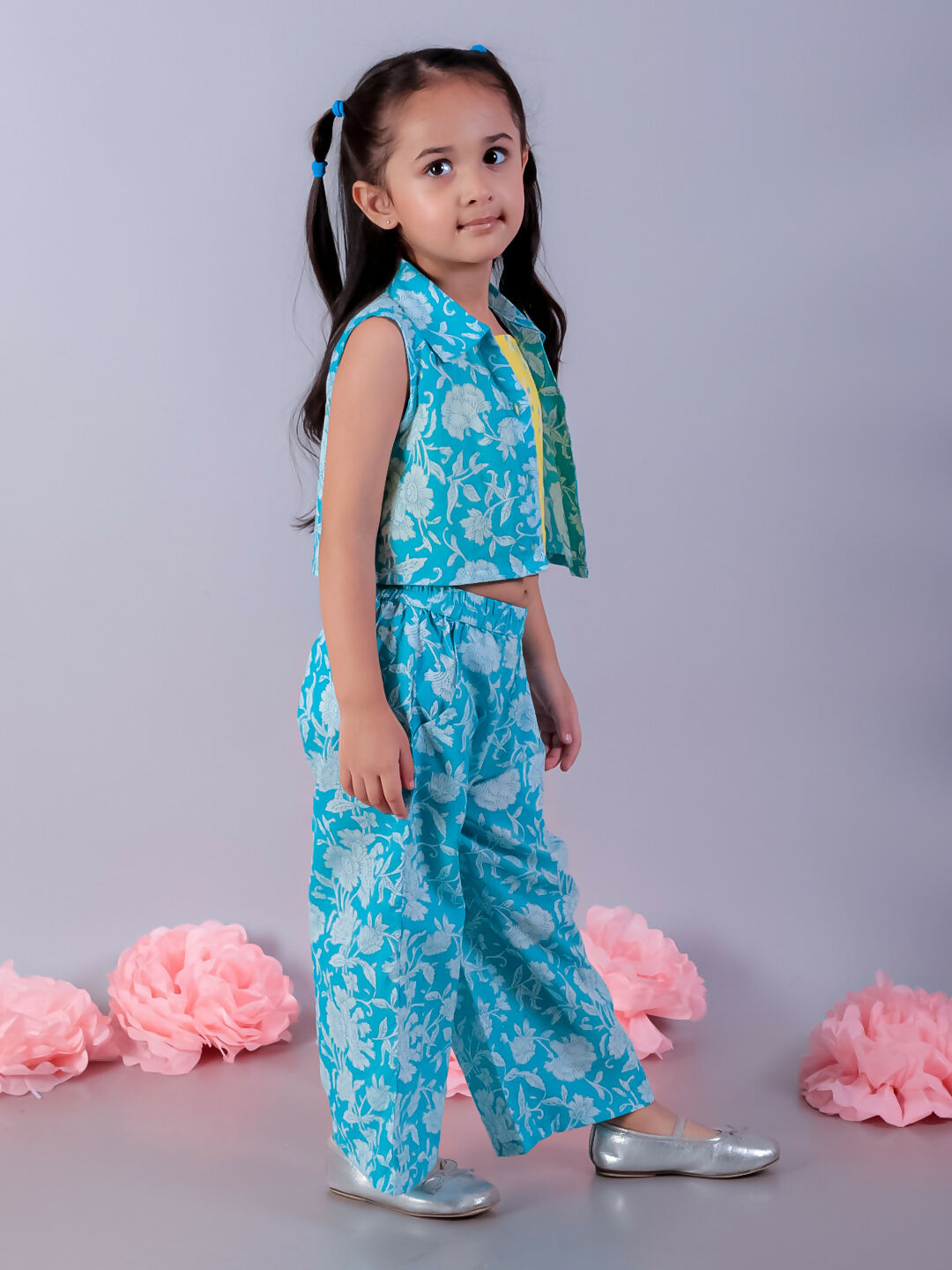 Lil Drama Jaipur Girls Blue Printed Top with Printed Pant Co-ordinate Set - Swadesiicart