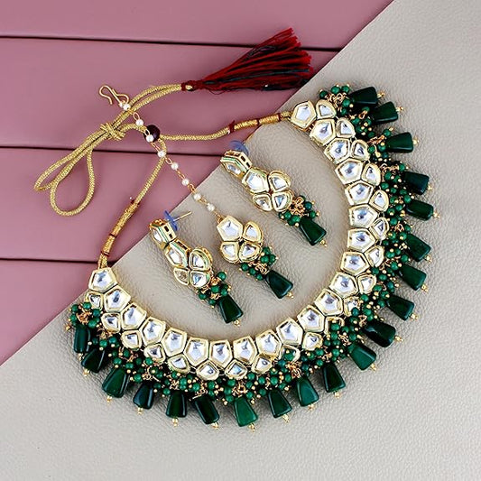 Tehzeeb Creations Meenakari Gold-Polished pentagon shape Uncut Kundan Necklace Set - Swadesiicart
