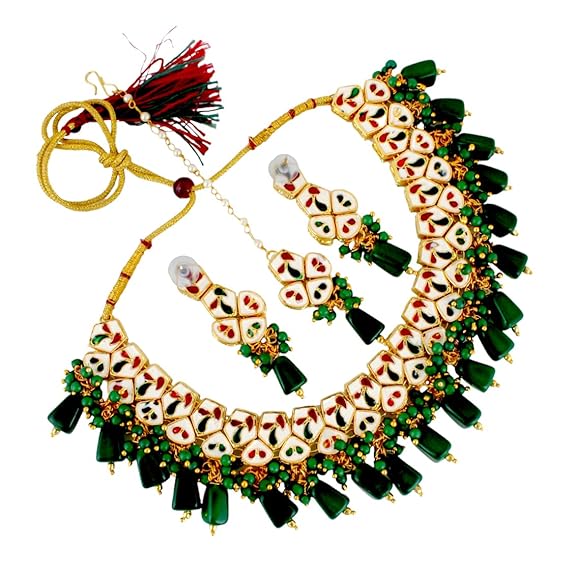 Tehzeeb Creations Meenakari Gold-Polished pentagon shape Uncut Kundan Necklace Set - Swadesiicart