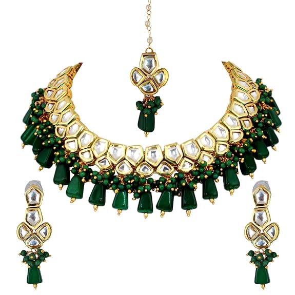 Tehzeeb Creations Meenakari Gold-Polished pentagon shape Uncut Kundan Necklace Set - Swadesiicart