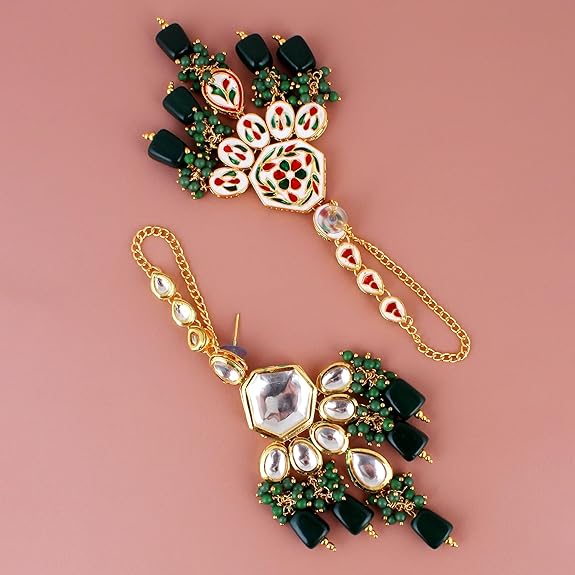 Tehzeeb Creations Back Meenakari Gold-Polished Green Color Tika Earring Combo Uncut Big Faux Kundan Choker Necklace Set | Swadesiicart