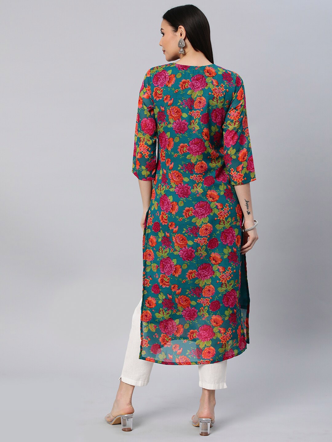 Kalini Floral Printed Chikankari Embroidered Straight Kurta | Swadesiicart