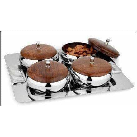 Stainless Steel Serving Set with Wooden Lid and Tray - 4 Pieces - Swadesiicart