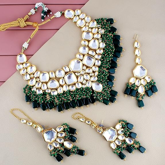 Tehzeeb Creations Back Meenakari Gold-Polished Green Color Tika Earring Combo Uncut Big Faux Kundan Choker Necklace Set | Swadesiicart