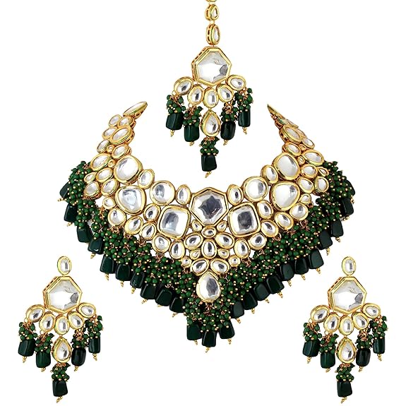 Tehzeeb Creations Back Meenakari Gold-Polished Green Color Tika Earring Combo Uncut Big Faux Kundan Choker Necklace Set | Swadesiicart