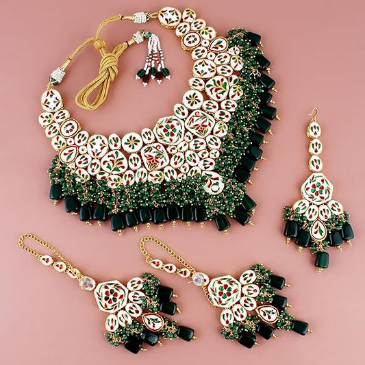 Tehzeeb Creations Back Meenakari Gold-Polished Green Color Tika Earring Combo Uncut Big Faux Kundan Choker Necklace Set | Swadesiicart