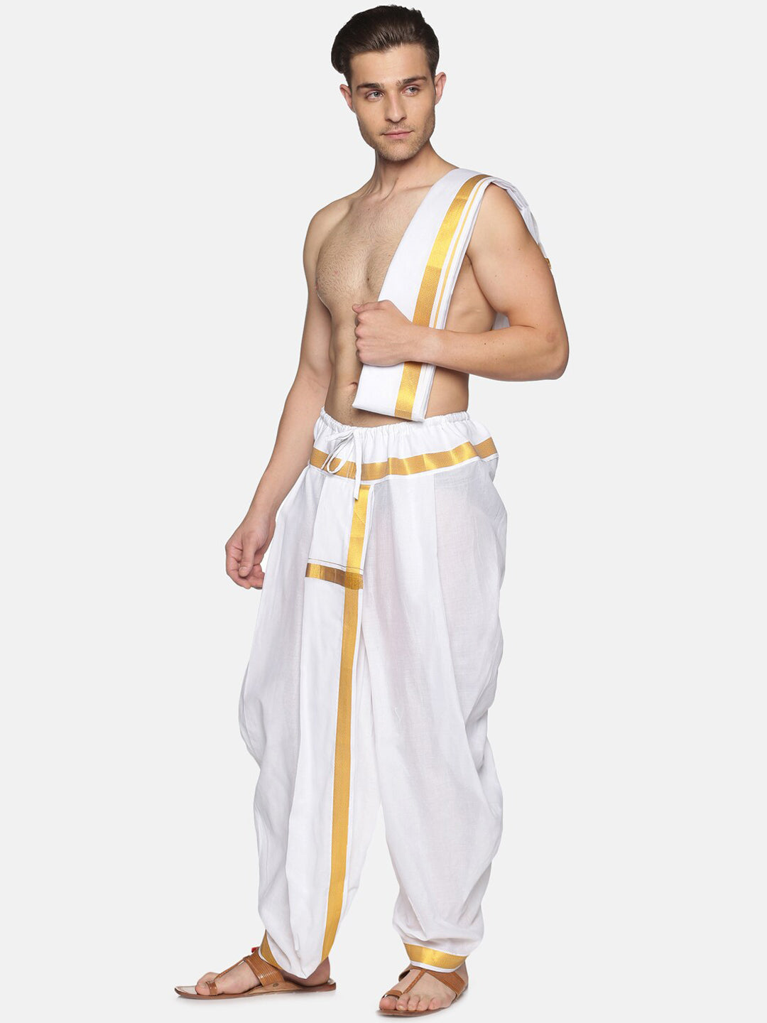 Sethukrishna Men White & Gold-Toned Solid Ready Made Dhoti Pants | Swadesiicart