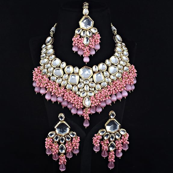 Tehzeeb Creations Gold-Polished Pink Color Kundan Stone/Uncut Kundan/Dibbi Kundan/Meena Kundan/Lucknow Kundan with Monalisa Drop Bridal Set for Girls & Women - Swadesiicart