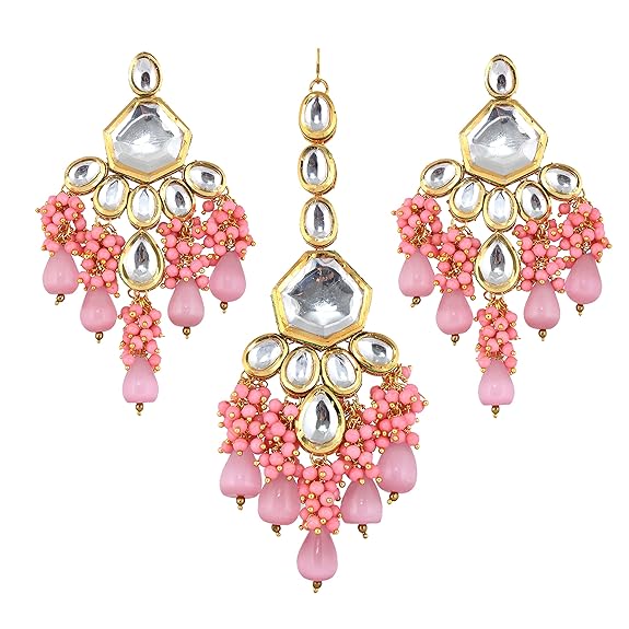Tehzeeb Creations Gold-Polished Pink Color Kundan Stone/Uncut Kundan/Dibbi Kundan/Meena Kundan/Lucknow Kundan with Monalisa Drop Bridal Set for Girls & Women - Swadesiicart