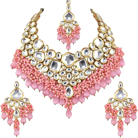 Tehzeeb Creations Gold-Polished Pink Color Kundan Stone/Uncut Kundan/Dibbi Kundan/Meena Kundan/Lucknow Kundan with Monalisa Drop Bridal Set for Girls & Women - Swadesiicart