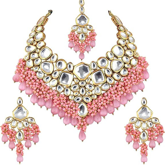Tehzeeb Creations Gold-Polished Pink Color Kundan Stone/Uncut Kundan/Dibbi Kundan/Meena Kundan/Lucknow Kundan with Monalisa Drop Bridal Set for Girls & Women - Swadesiicart