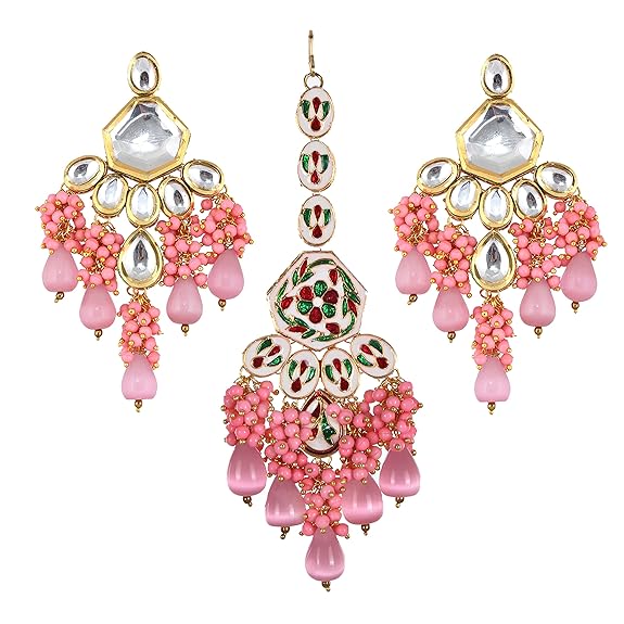 Tehzeeb Creations Gold-Polished Pink Color Kundan Stone/Uncut Kundan/Dibbi Kundan/Meena Kundan/Lucknow Kundan with Monalisa Drop Bridal Set for Girls & Women - Swadesiicart