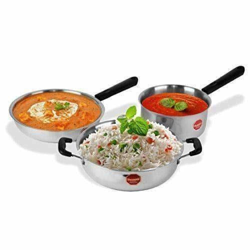 Stainless Steel Induction Cookware Sauce Pan +Kadhai + Fry Pan - Set of 3 - Swadesiicart
